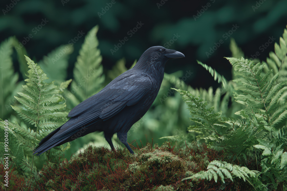 Fototapeta premium Dark blue raven perched on mossy ground surrounded by lush green ferns looking mysterious and calm in wild forest nature