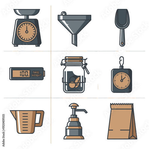 Sustainable bulk shopping weighing systems and refillable tool icons for eco friendly retail operations and circular economy waste reduction initiatives.