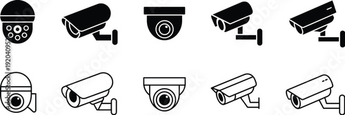 CCTV Security Camera Icon Set Vector Illustration, Surveillance System Symbols with Indoor and Outdoor Cameras Isolated on White Background