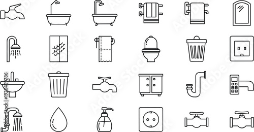 Bathroom and Plumbing Line Icons Set Featuring Sink Shower Bathtub Faucet and Sanitary Equipment Vector Collection