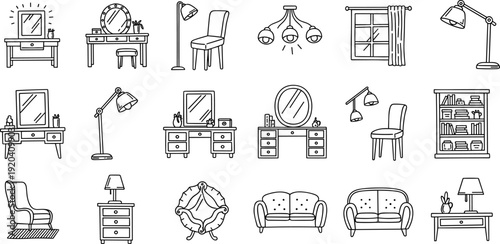 Minimal Line Interior Furniture and Lighting Icon Set with Sofa, Armchair, Desk, Mirror, Window and Bookshelf for Home Decor Design.