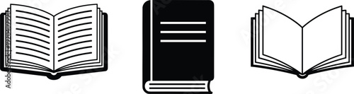Book Icons Set Featuring Open and Closed Hardcover in Outline and Solid Style Vector Collection