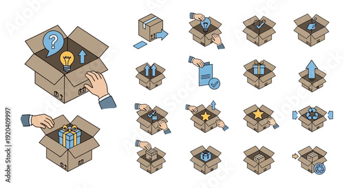 Isometric cardboard box icons set, package symbols