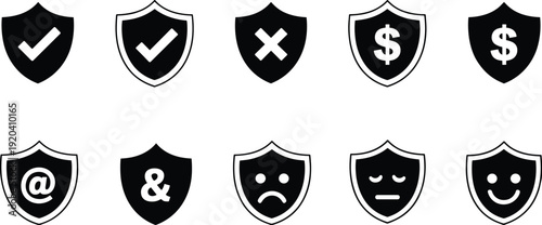 Shield Icon Silhouette Set Vector Illustration, Security Protection Symbols with Check Mark, Dollar and Emoticon Isolated on White Background