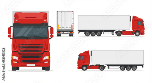 Set of Red and White Trucks in Various Views Front, Back, and Side Profiles