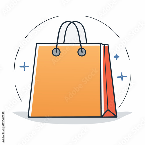 Orange shopping bag illustration with sparkles, representing retail and e-commerce concepts