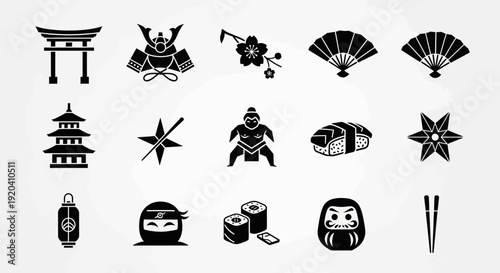 Japanese Culture Icons: Torii Gate, Samurai Helmet, Cherry Blossom, Fan, Pagoda, Ninja, Sushi