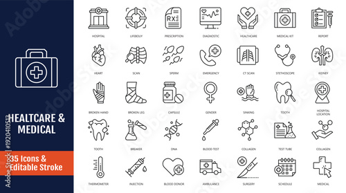 Medical and Healtcare icon set. Icons related to medical, pharmacy, cardiology, doctor, nurse, insurance, test tube, etc. Outline icon with Editable stroke. Vector illustration