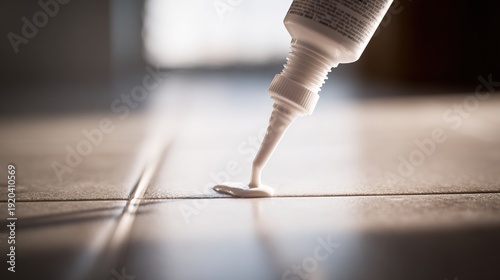caulk. White caulk being extruded into bathroom tile gaps. safety posters, maintenance manuals, designed for precision metalworking and fabrication facilities, used by manufacturing supervisors.