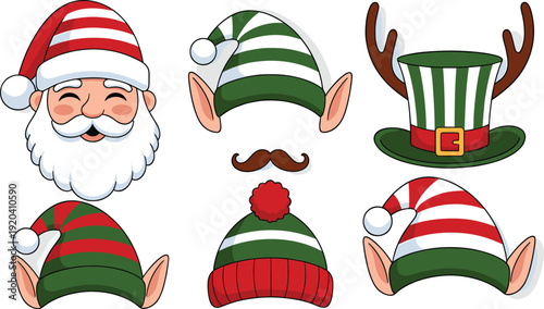 Colorful festive hats and Santa Claus face with red green and white patterns and accessories