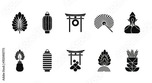 Japanese culture icons set in black silhouette