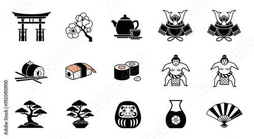Japanese Culture Icons Set: Traditional Symbols Collection
