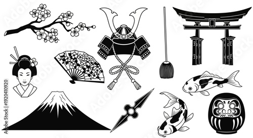 Japanese Culture Icons Set: Traditional Symbols Vector