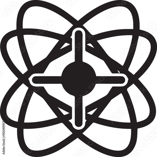 Abstract atomic orbital structure icon with central core and overlapping paths black bold line graphic for science and technology