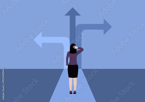 Business Decision Path Concept. Vector cartoon illustration of a businesswoman standing at a crossroads with multiple arrows, considering different directions and choosing the best way toward success.