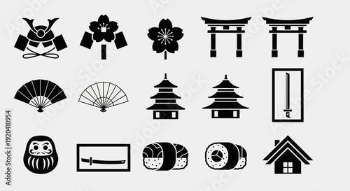 Japanese Culture Icons Set: Traditional Symbols Vector