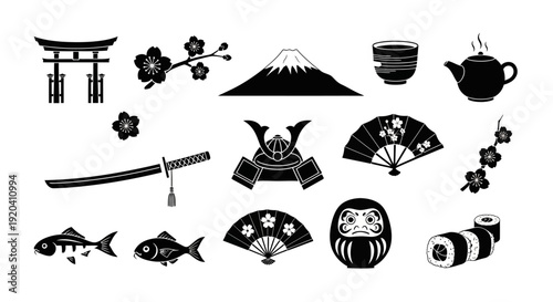 Japanese culture icons set, traditional symbols collection