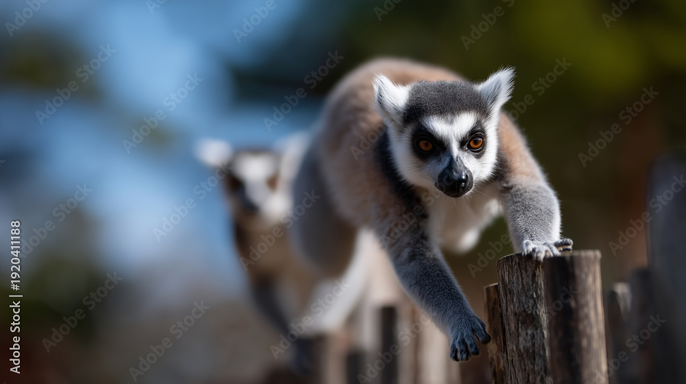 Fototapeta premium Group of lemurs actively climbing and jumping between wooden posts in the Madagascar exhibit at Zoo Wroclaw, energetic wildlife behavior, children pointing and smiling in soft focu