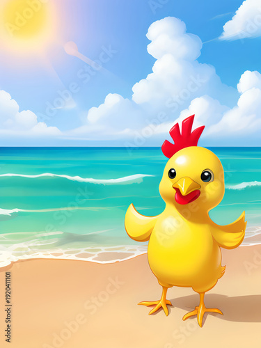 Cute cartoon chick enjoying sunny beach vacation
