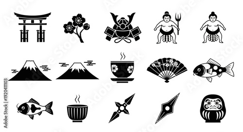 Japanese Culture Icons: Torii Gate, Fuji, Samurai, Sumo, Tea, Fan, Koi Fish, Daruma Doll
