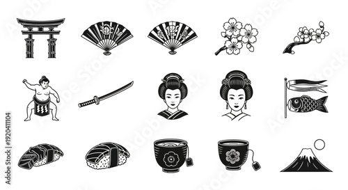 Japanese culture icons set, vector illustration