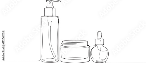 Minimalist continuous line drawing of cosmetic bottles and cream jar for skin care beauty products branding and web design art