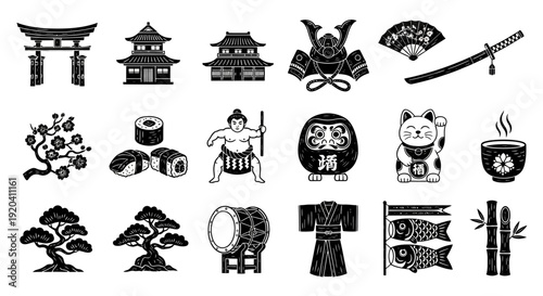 Japanese culture icons vector set in black and white