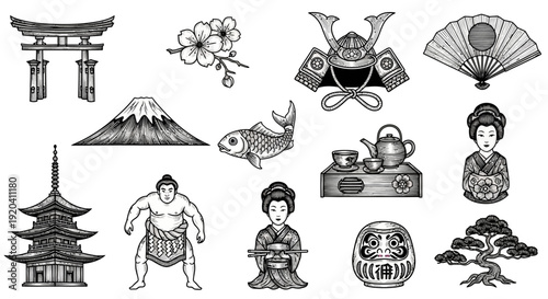 Japanese Culture Icons: Traditional Symbols Set in Sketch Style