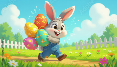 Happy cartoon easter bunny carrying colorful eggs