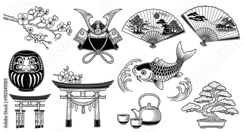 Japanese culture icons vector set in monochrome style