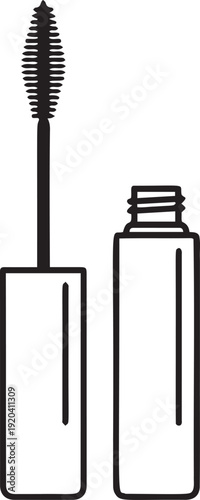 Mascara brush and tube illustration, essential beauty product for enhancing eyelashes, depicting cosmetic item