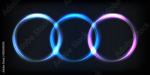 Abstract futuristic neon light digital display showcasing three interconnected glowing rings. vibrant blue and magenta circles create a striking visual impact vector.