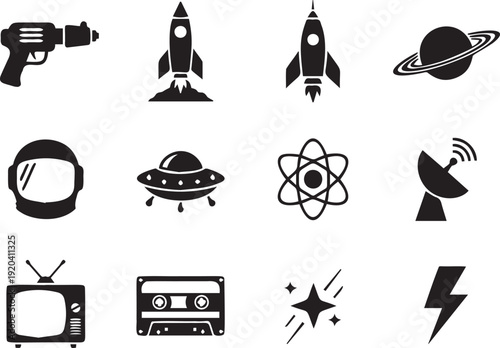 Assortment of sci-fi themed icons featuring space exploration elements, vintage technology, and cosmic symbols