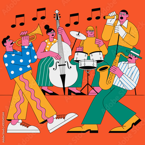 cartoon image of a stage performers international jazz music festival concept.