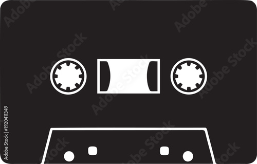 Classic black audio cassette tape design, vintage music technology, featuring reels and transparent window for playback