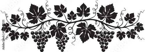 Grape vine border design, a lush branch with leaves and ripe grape bunches creating an elegant decorative silhouette frame