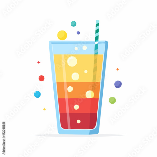 Refreshing layered beverage with straw and colorful bubbles floating around it