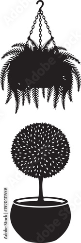 A pair of decorative plant silhouettes including a hanging fern in a pot and a small topiary tree in a planter