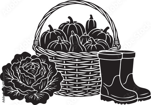 A harvest bounty still life with a woven basket full of pumpkins a head of cabbage and a pair of rain boots