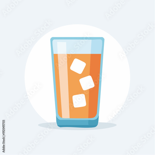 Refreshing orange juice in a tall glass with ice cubes served on a light blue background