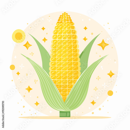 Fresh Ripe Corn on the Cob with Green Leaves and Sparkling Accents