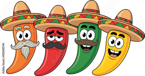 Four colorful peppers with sombreros and facial expressions standing in a row chili jalapeno bell pepper