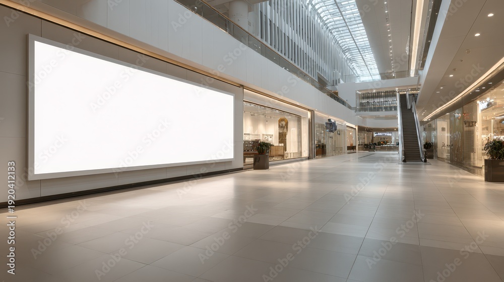 © Stock by Hemal - Large blank billboard horizontal mockup in a modern bright shopping mall hallway
