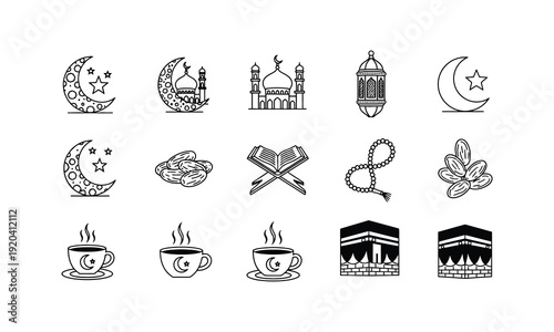 Minimalist Islamic Ramadan Outline Icons Set with Mosque and Lanterns