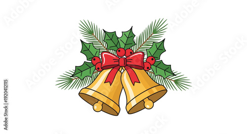 Festive arrangement of golden bells adorned with holly and pine branches creates a cheerful holiday scene silhouette high quality professional detailed