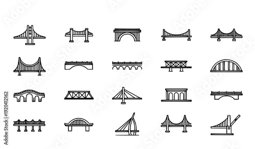 Simple bridge line icon set with suspension arch and cable stayed symbols isolated on white background