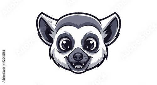 Cute Cartoon Lemur Head Smiling, Isolated White Background