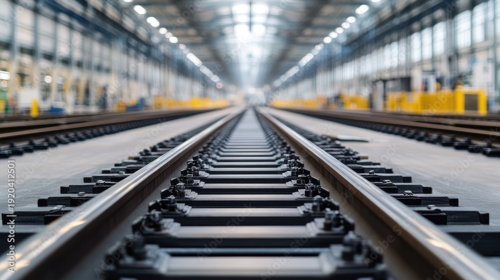Fototapeta premium Metal railroad tracks leading through an industrial building