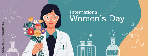Empowered female scientist in lab coat holding a bouquet of flowers with scientific elements for International Women's Day concept and women in STEM