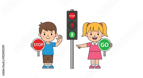 Two smiling children with stop and go signs next to a traffic light a colorful illustration silhouette high quality professional detailed